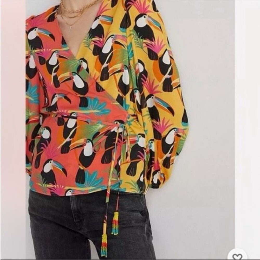 Farm Rio x Anthropologie Toucan Rainforest Tassel Wrap Blouse Women’s Medium - Picture 11 of 13